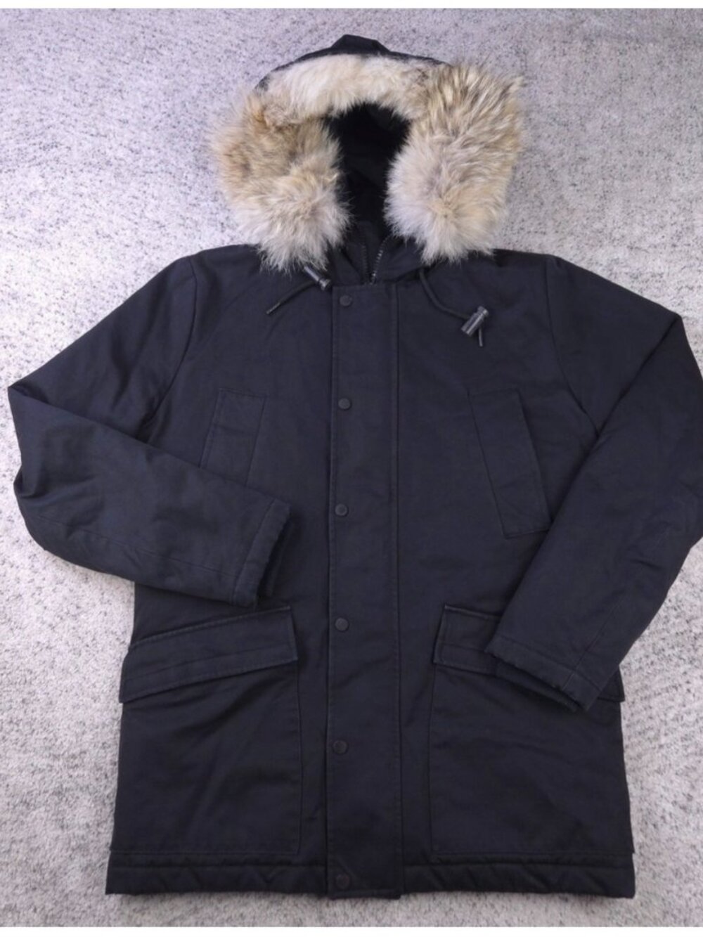 Sandra Paris Men's Insulated Coat with Hooded Coyote Fur Trim Black - Navy